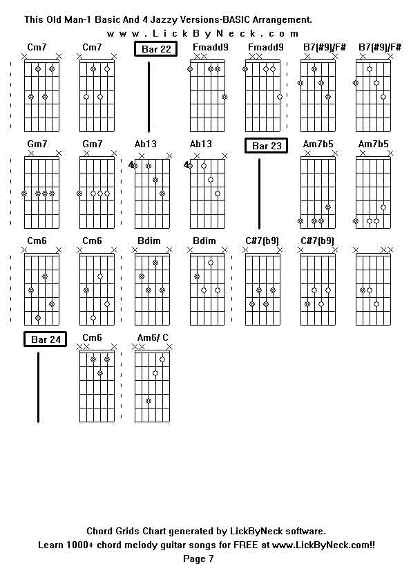 Chord Grids Chart of chord melody fingerstyle guitar song-This Old Man-1 Basic And 4 Jazzy Versions-BASIC Arrangement,generated by LickByNeck software.